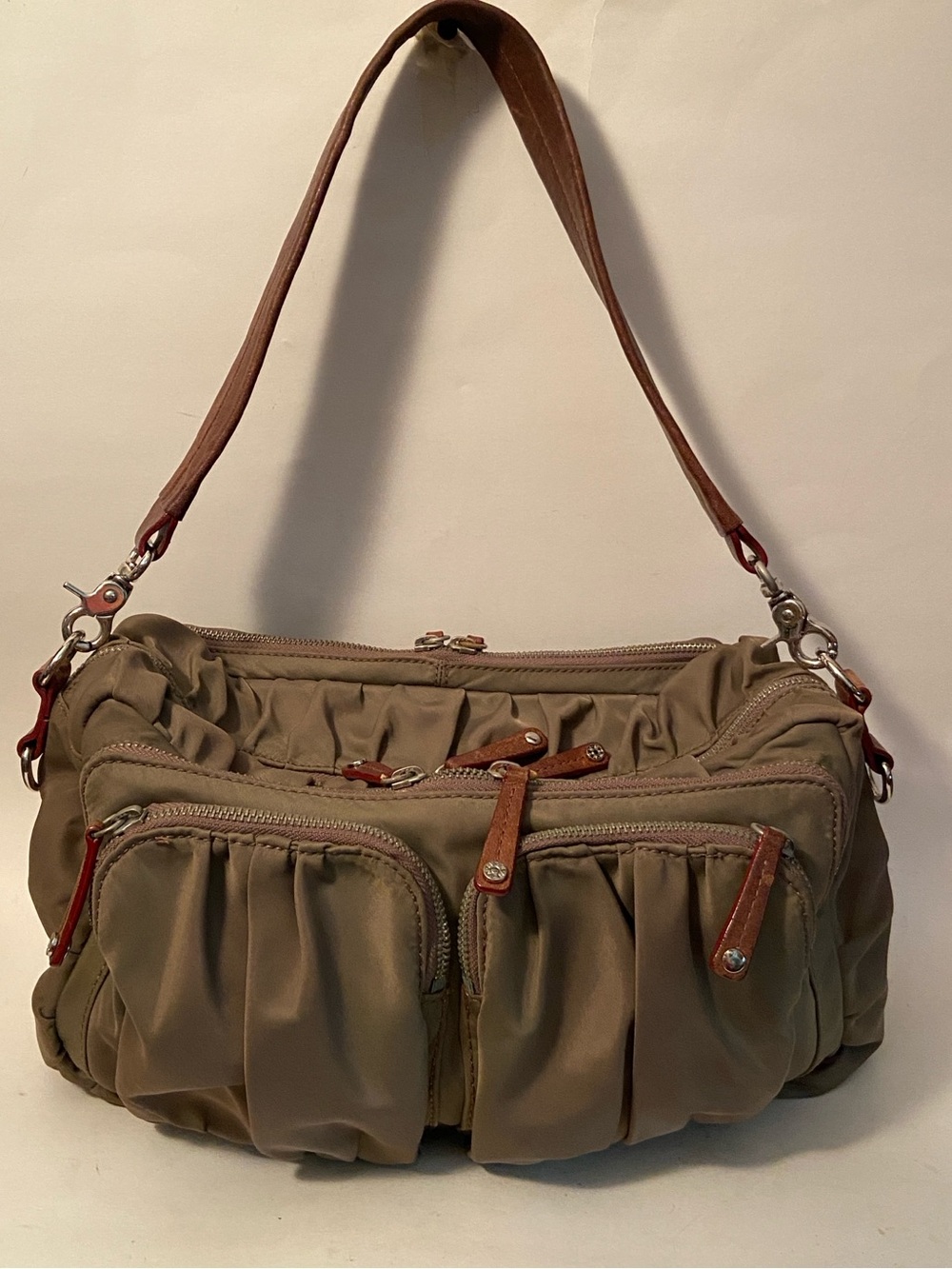MZ Wallace Olive Green Nylon Leather Trim Satchel Shoulder Tote w/ Poach
